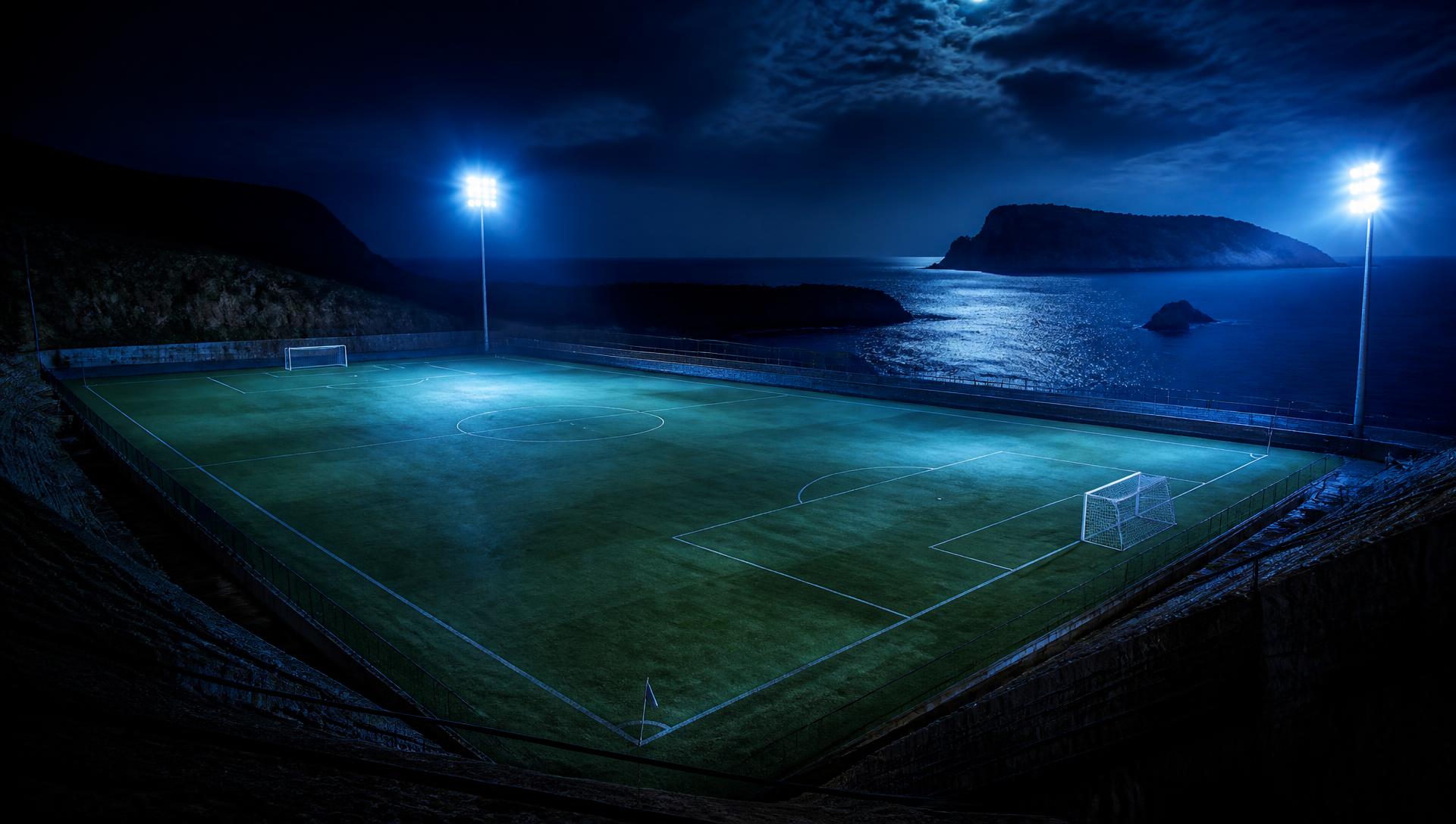 Campo da calcio illuminato di notte affacciato sul Mediterraneo